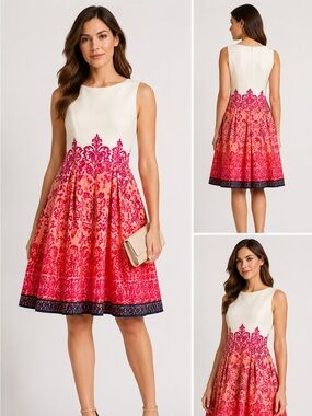 Jones New York Cotton Jacquard Fit & Flare Dress Pink Coral Border Print Size 10